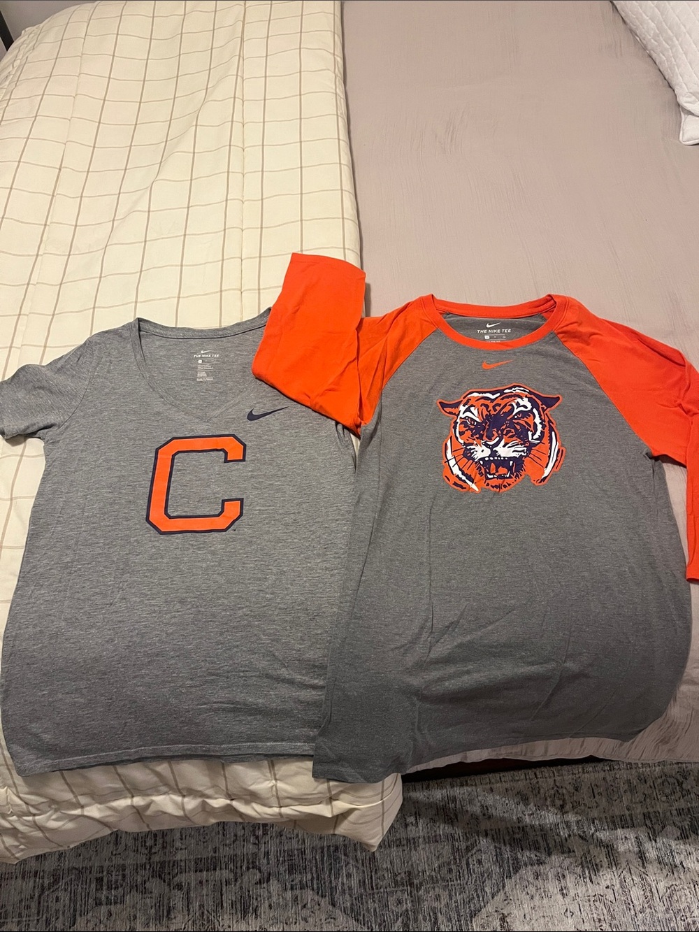 TWO Nike Clemson Gray Tees- Orange Sleeves and Tiger Graphic + C logo deep v